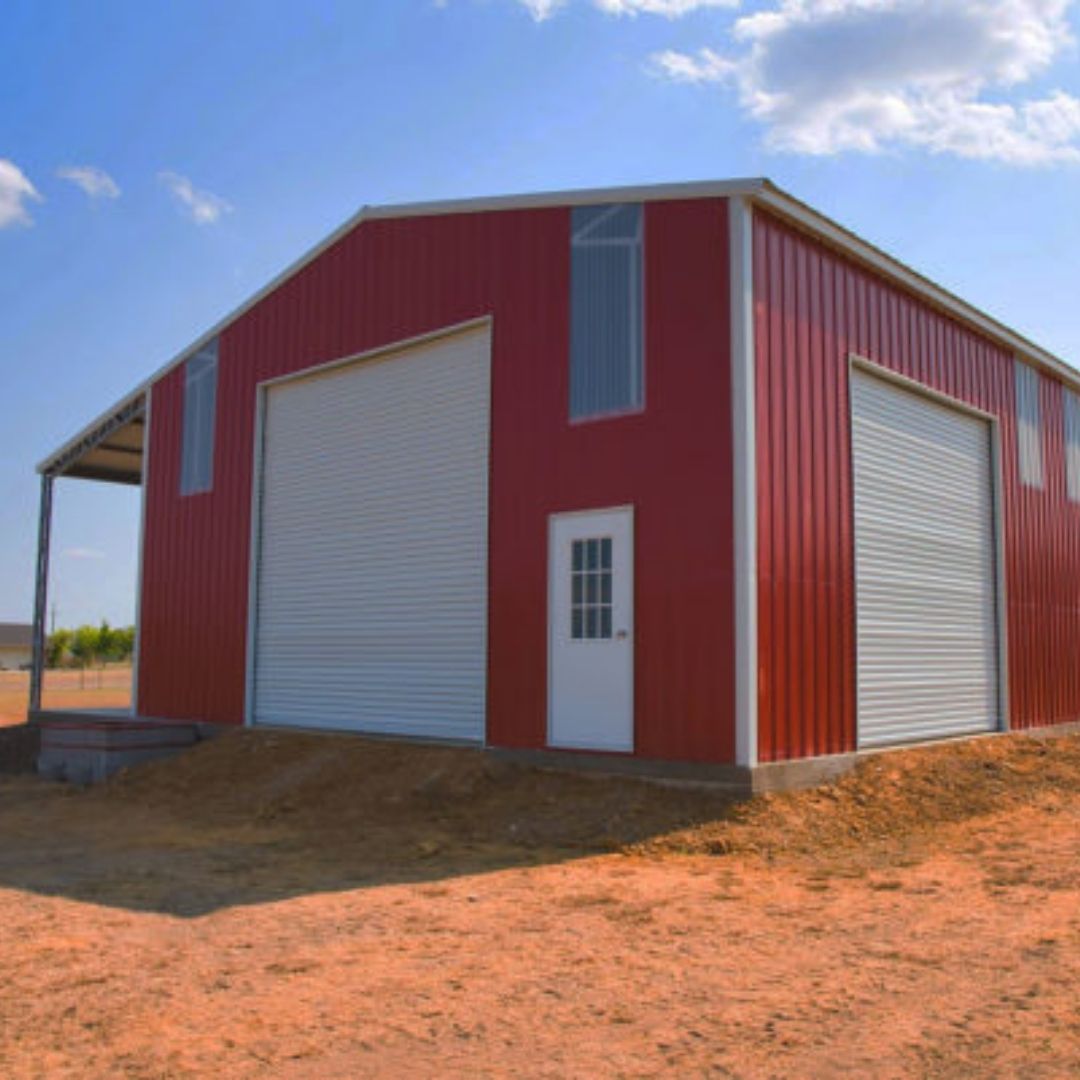 big red metal shed